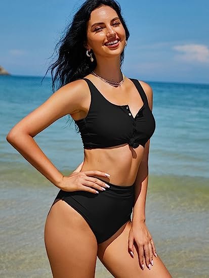 Women's High Waisted Bikini Scoop Neck Swimsuit Two Pieces Bathing Suit