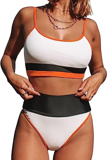 Women's Sporty Color Block High Waisted Bikini 2 Piece Swimming Suit