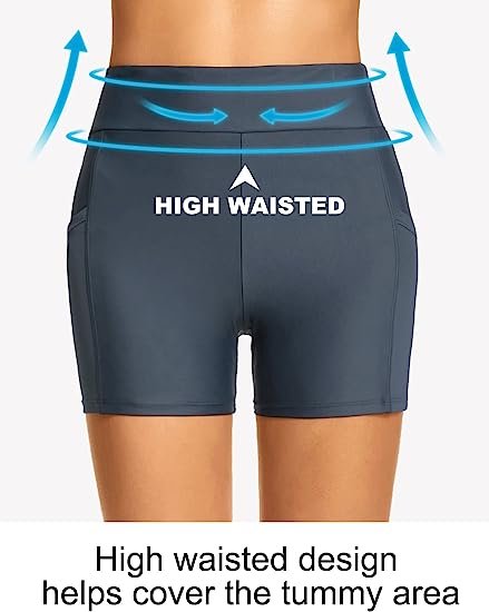 Women's Swim Shorts with Pockets High Waist Swimsuit Bottoms Swimwear Board Shorts