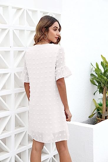 Women's White Dress Sweet and Cute V Neck Ruffle Short Sleeve Sun Protection Dress Wide