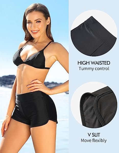 Swim Shorts Women's Elastic Sports Swimsuit Bottoms Side V Slit Boxer Shorts
